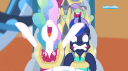 Size: 1440x809 | Tagged: source needed, safe, screencap, princess celestia, princess luna, alicorn, pony, between dark and dawn, g4, season 9, animated, cartoonito logo, duo focus, faic, female, gritted teeth, nose in the air, roller coaster, royal sisters, siblings, sisters, varying degrees of amusement, wild blue yonder