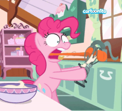 Size: 887x810 | Tagged: safe, screencap, pinkie pie, earth pony, pony, between dark and dawn, g4, season 9, adorable distress, animated, cartoon physics, cartoonito logo, cute, faic, female, gif, mare, ouch, pinkie being pinkie, simpsons did it, solo, stuck, sugarcube corner, the simpsons