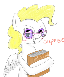 Size: 1000x1200 | Tagged: safe, artist:supercastle, surprise, pegasus, pony, g1, blushing, book, female, glasses, grin, smiling
