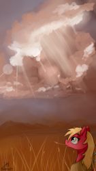 Size: 2160x3840 | Tagged: safe, artist:dashy21, big macintosh, earth pony, pony, g4, cloud, high res, male, mountain, mountain range, scenery, solo, straw in mouth