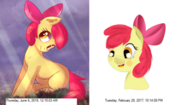 Size: 1885x1134 | Tagged: safe, artist:autumnvoyage, apple bloom, earth pony, pony, g4, comparison, draw this again, female, redraw