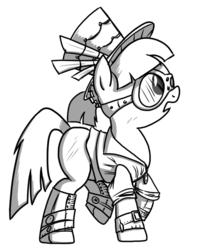 Size: 756x954 | Tagged: safe, artist:fimflamfilosophy, oc, oc only, oc:master engineer chet, earth pony, pony, buck legacy, black and white, card art, clothes, coat, female, goggles, grayscale, hat, mare, monochrome, ponytail, solo, steampunk, top hat
