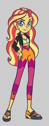 Size: 267x683 | Tagged: safe, alternate version, artist:kora kosicka, sunset shimmer, equestria girls, equestria girls series, g4, spoiler:eqg series (season 2), alternate clothes, clothes, feet, female, geode of empathy, looking at you, magical geodes, midriff, pants, sandals, smiling, solo