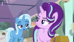 Size: 1920x1080 | Tagged: safe, screencap, starlight glimmer, trixie, pony, g4, student counsel, smiling, unamused