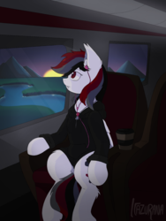 Size: 1500x2000 | Tagged: safe, artist:itazurana, oc, oc:gamer dash, pony, vampony, clothes, coffee cup, commission, cup, earbuds, hoodie, jewelry, mountain, necklace, river, sunset, train, vehicle interior, window