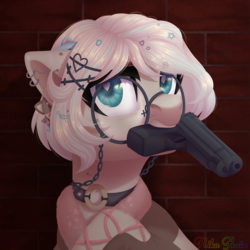 Size: 3000x3000 | Tagged: safe, artist:nika-rain, oc, oc only, earth pony, pony, commission, dark, female, glasses, gun, high res, simple background, solo, weapon