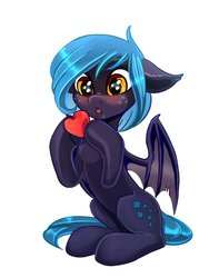 Size: 2928x3708 | Tagged: safe, artist:taneysha, oc, oc only, oc:little mine, bat pony, pony, blushing, food, high res, solo