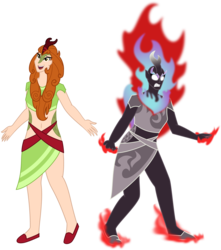 Size: 3800x4300 | Tagged: safe, artist:deroach, derpibooru exclusive, autumn blaze, human, kirin, nirik, g4, angry, clothes, dress, duality, duo, duo female, female, fire, fire hair, glowing eyes, happy, horn, horned humanization, humanized, long hair, scales, simple background, smiling, transparent background, vector