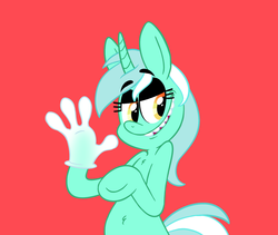 Size: 1346x1134 | Tagged: safe, artist:littmosa, lyra heartstrings, pony, unicorn, g4, clothes, female, gloves, mare, raised eyebrow, raised hoof, red background, rubber gloves, simple background, smiling, style emulation, vector