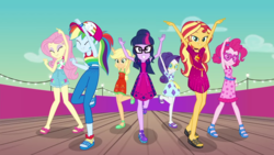 Size: 1920x1080 | Tagged: safe, screencap, applejack, fluttershy, pinkie pie, rainbow dash, rarity, sci-twi, sunset shimmer, twilight sparkle, equestria girls, g4, i'm on a yacht, my little pony equestria girls: better together, dancing, feet, female, humane five, humane seven, humane six, legs, lidded eyes, looking at you, sandals