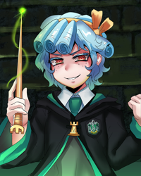 Size: 800x1000 | Tagged: safe, artist:tzc, cozy glow, human, g4, female, harry potter (series), hogwarts, humanized, magic, rook, slytherin, smiling, smirk, solo, wand