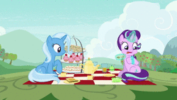 Size: 1920x1080 | Tagged: safe, artist:wissle, edit, edited screencap, screencap, starlight glimmer, trixie, pony, unicorn, g4, student counsel, animated, cupcake, engagement ring, female, food, i can't believe it's not superedit, jewelry, lesbian, mare, marriage proposal, parody, ring, sandwich, scene interpretation, scene parody, ship:startrix, shipping, sound, tea, tea party, webm, wedding ring, youtube link