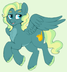 Size: 683x727 | Tagged: safe, artist:lulubell, oc, oc only, oc:dulcet da capo, pegasus, pony, bedroom eyes, eyebrows, flying, freckles, green background, male, open mouth, pale belly, simple background, solo, stallion, unshorn fetlocks