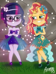 Size: 1800x2400 | Tagged: safe, artist:artmlpk, sci-twi, sunset shimmer, twilight sparkle, equestria girls, g4, my little pony equestria girls: legend of everfree, blushing, chibi, clothes, cute, dress, drink, duo, female, lights, shimmerbetes, smiling, twiabetes