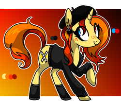 Size: 1403x1214 | Tagged: safe, artist:bonpikabon, oc, oc only, oc:cee gee ie, pony, unicorn, beret, boots, clothes, ear piercing, earring, female, freckles, hat, heterochromia, hoodie, jewelry, mare, piercing, raised hoof, reference sheet, shoes, solo