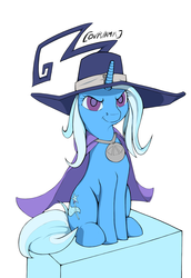 Size: 3265x4740 | Tagged: safe, artist:bluvsred, derpibooru exclusive, trixie, pony, unicorn, g4, blair, cape, clothes, crossover, digital art, female, hat, hooves, horn, mare, simple background, sitting, solo, soul eater, white background