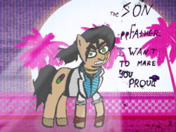 Size: 3072x2304 | Tagged: safe, artist:twilight_light, edit, earth pony, pony, angry, bad anatomy, bad shading, clothes, colored, drugs, high res, hotline miami, hotline miami 2, male, palm tree, ponified, ponytail, scar, sketch, solo, stallion, text, the son, traditional art