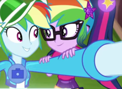 Size: 1124x818 | Tagged: safe, screencap, rainbow dash, sci-twi, twilight sparkle, equestria girls, festival filters, g4, my little pony equestria girls: better together, cropped, duo, female, geode of telekinesis, hair swap, looking at each other, magical geodes, selfie, shipping fuel