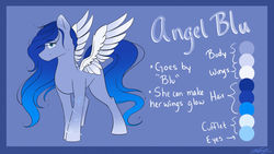 Size: 1024x576 | Tagged: safe, artist:mindlesssketching, oc, oc only, oc:angel blu, pegasus, pony, colored wings, female, mare, reference sheet, solo, wings
