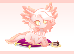 Size: 1693x1240 | Tagged: safe, artist:sugaryicecreammlp, oc, oc only, oc:lottie, original species, cake, female, food, mare, pillow, prone, solo