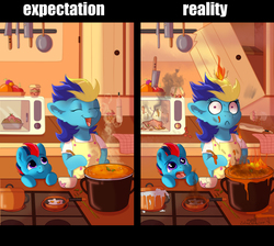 Size: 3278x2940 | Tagged: safe, artist:zobaloba, oc, oc:andrew swiftwing, oc:blue angel, pegasus, pony, colt, commission, cooking, disaster, expectation vs reality, female, fire, high res, kitchen, male, mare, mother and son, reality, stallion, ych example, ych result
