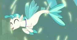 Size: 491x256 | Tagged: safe, screencap, terramar, seapony (g4), g4, surf and/or turf, cropped, cute, eyes closed, fins, happy, jewelry, male, necklace, solo, tail, terrabetes