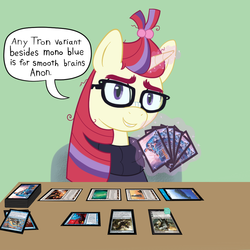 Size: 1000x1000 | Tagged: safe, artist:scraggleman, moondancer, pony, unicorn, g4, card game, card sleeve, clothes, dialogue, dice, female, glasses, implied anon, looking at you, magic, magic the gathering, mare, messy mane, smiling, solo, speech bubble, sweater, telekinesis