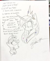 Size: 1688x2048 | Tagged: safe, artist:andypriceart, princess celestia, twilight sparkle, alicorn, pony, g4, book, duo, female, grayscale, jewelry, mare, monochrome, pencil drawing, regalia, signature, simple background, that pony sure does love books, the hobbit, thought bubble, traditional art, white background