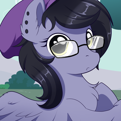 Size: 2000x2000 | Tagged: safe, artist:xwhitedreamsx, oc, oc only, oc:nightshade (pegasus), pegasus, pony, beanie, chest fluff, commission, ear fluff, ear piercing, earring, glasses, hat, high res, jewelry, looking at you, piercing, solo