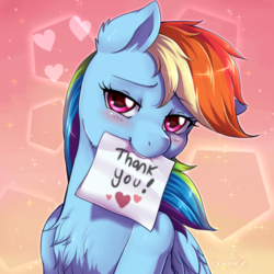 Size: 1000x1000 | Tagged: dead source, safe, artist:evomanaphy, rainbow dash, pegasus, pony, g4, abstract background, beautiful, blushing, cheek fluff, chest fluff, cute, dashabetes, ear fluff, female, heart, looking at you, mouth hold, paper, solo, thank you