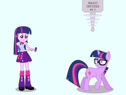 Size: 2048x1536 | Tagged: safe, artist:caliazian, artist:draymanor57, derpibooru exclusive, sci-twi, twilight sparkle, alicorn, pony, unicorn, equestria girls, g4, equestria girls ponified, glasses, human to pony, science doesn't work that way, self ponidox, transformation, twilight sparkle (alicorn), twolight, unicorn sci-twi, vector, what has science done