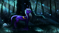 Size: 1920x1080 | Tagged: safe, artist:alina-sherl, oc, oc only, pony, unicorn, crepuscular rays, flower, forest, leaves, leonine tail, palindrome get, solo, tree, unshorn fetlocks, water