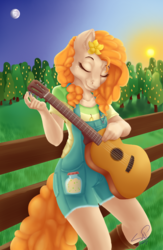 Size: 1626x2493 | Tagged: safe, artist:cuervo-of-cristal, pear butter, earth pony, anthro, g4, boots, clothes, cottagecore, cutie mark on clothes, eyes closed, female, fence, guitar, mare in the moon, moon, orchard, overalls, pear tree, shirt, shoes, smiling, solo, sun, t-shirt, tree