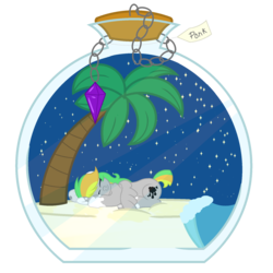 Size: 1800x1800 | Tagged: safe, artist:ponkus, oc, oc only, pegasus, pony, beach, bottle, cute, female, gem, mare, night, palm tree, peaceful, pony in a bottle, simple background, sleeping, solo, stars, transparent background, trapped, tree, water, wave