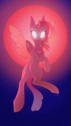 Size: 1540x2737 | Tagged: safe, artist:cuervo-of-cristal, oc, oc only, changedling, changeling, blue background, changedling oc, changeling oc, female, flying, glowing eyes, heart, looking at you, red sun, simple background, smiling, solo, spread wings, sun, wings