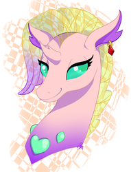 Size: 1654x2161 | Tagged: safe, artist:cuervo-of-cristal, oc, oc only, changedling, changeling, abstract background, bust, changedling oc, changeling oc, ear piercing, earring, female, heart, jewelry, lidded eyes, looking at you, piercing, smiling, solo, translucent mane