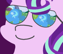 Size: 502x428 | Tagged: safe, artist:threetwotwo32232, edit, editor:luzion, starlight glimmer, trixie, pony, unicorn, g4, butt, dat ass, dock, eyes on the prize, eyes on the prize on the eyes, female, lesbian, looking at butt, meme, plot, prize on the eyes, shipping, smiling, sunglasses