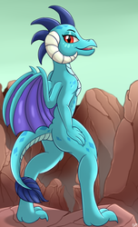 Size: 1217x2000 | Tagged: safe, artist:orangejuicerus, princess ember, dragon, g4, ass, butt, canyon, dragoness, female, hand on hip, looking at you, looking back, looking back at you, open mouth, princess embutt, solo, wings