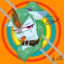 Size: 960x960 | Tagged: safe, artist:龙宠, oc, oc only, kirin, blah blah blah, chinese, collar, fangs, female, glasses, solo, tongue out