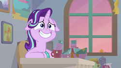 Size: 1920x1080 | Tagged: safe, screencap, starlight glimmer, pony, unicorn, g4, student counsel, bracelet, chair, cup, cute, female, floppy ears, glimmerbetes, grin, jewelry, mare, mug, sitting, smiling, solo, teabag, teacup, window