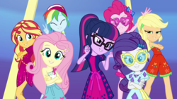 Size: 1920x1080 | Tagged: safe, screencap, applejack, fluttershy, pinkie pie, rainbow dash, rarity, sci-twi, sunset shimmer, twilight sparkle, equestria girls, g4, i'm on a yacht, my little pony equestria girls: better together, female, humane five, humane seven, humane six, lidded eyes, looking at you, sleeveless