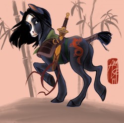 Size: 1280x1270 | Tagged: safe, artist:aerosaur83, pony, armor, bamboo, crossover, disney, disney style, mulan, ponified, signature, solo, sword, tail wrap, weapon