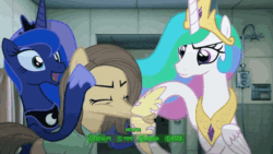 Size: 640x360 | Tagged: safe, artist:2snacks, princess celestia, princess luna, oc, oc:mrs. fuckface, pony, two best sisters play, g4, abuse, animated, cartoon physics, crossover, face pull, fallout, fallout 4, gif, stretch, stretching, youtube link