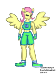 Size: 2248x2952 | Tagged: safe, artist:fromseatoshiningsea, fluttershy, equestria girls, g4, belly button, clothes, exeron fighters, exeron gloves, exeron outfit, high res, midriff, ponied up, pony ears, sports bra, wings