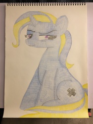 Size: 4032x3024 | Tagged: safe, trixie, pony, unicorn, g4, student counsel, big ear, blonde, colored pencil drawing, female, looking at you, math, plus sign, purple eyes, sitting, smiling, smiling at you, solo, traditional art