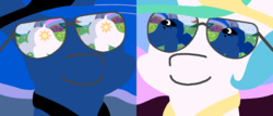 Size: 1004x428 | Tagged: safe, artist:threetwotwo32232, editor:rozyfly10, princess celestia, princess luna, pony, g4, butt, crown, dat ass, double butt, eye reflection, eyes on the prize, female, glasses, incest, jewelry, lesbian, looking at butt, meme, mirrored sunglasses, moonbutt, plot, prize on the eyes, reflection, regalia, royal sisters, ship:princest, shipping, siblings, sisters, smiling, sunbutt, sunglasses