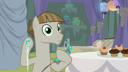 Size: 1920x1080 | Tagged: safe, screencap, mudbriar, earth pony, pony, g4, student counsel, 1080p, cupcake, curtains, flower, food, glue, male, solo, stallion, stick, table
