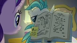 Size: 1920x1080 | Tagged: safe, screencap, starlight glimmer, terramar, cockatrice, hippogriff, pony, unicorn, g4, student counsel, anatomy, anatomy chart, book, chart, diagram, female, illustration, male, mare, open book, shipping fuel, sticky note, written equestrian