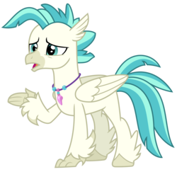 Size: 2050x1991 | Tagged: safe, artist:sketchmcreations, terramar, classical hippogriff, hippogriff, g4, student counsel, jewelry, male, necklace, open mouth, quadrupedal, raised arm, raised talon, simple background, solo, transparent background, vector, worried