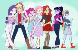 Size: 3400x2200 | Tagged: dead source, safe, artist:pettypop, applejack, fluttershy, pinkie pie, rainbow dash, rarity, sci-twi, sunset shimmer, twilight sparkle, equestria girls, g4, clothes, converse, dress, fashion, female, glasses, high res, humane five, humane seven, humane six, pants, shoes, skirt, socks, thigh highs